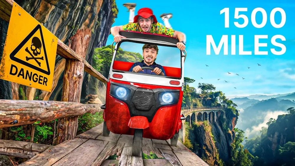 A red tuk tuk on a cliffside bridge, from the Part 1 thumbnail