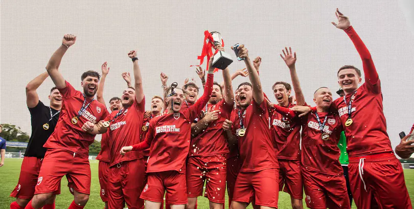 The winning side lifts the Clash of Creators trophy, Aveley FC